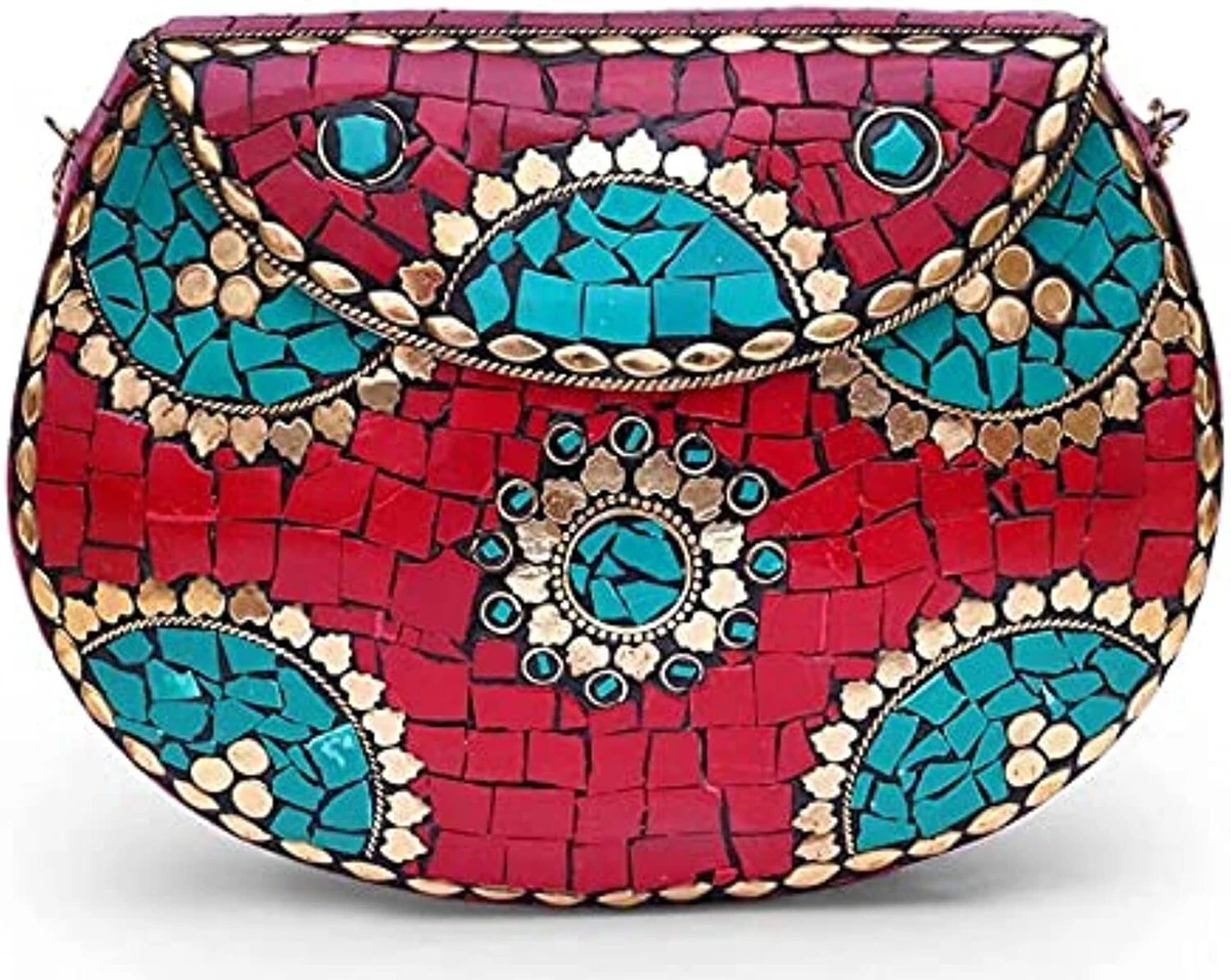 Shakuntala Vintage Clutch Vintage Handmade Metal Mosaic stone Shell purse  Sling bag for women Party Bag