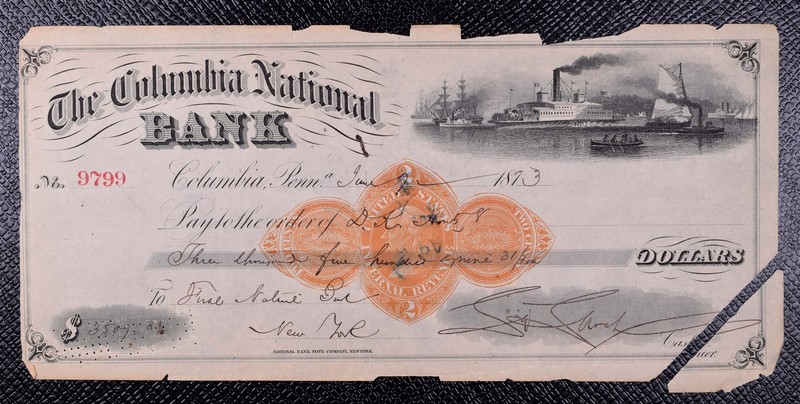 1877 Columbia PA National Bank Check