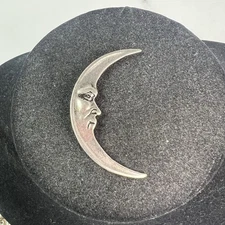 Vintage Crescent Moon Man on the Moon Silver Tone Half Moon Face Brooch Pin