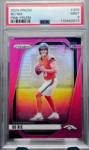 Bo Nix ROOKIE RARE PINK HOLO REFRACTOR RC PRIZM GRADED CARD PSA 9 BRONCOS MINT