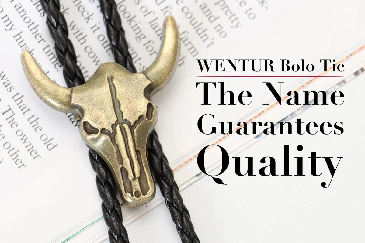 Western Vintage Bolo Tie for Men - Cow Skull Design Cowboy Tie - Black Leather B