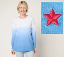 Denim & Co. Women's Top Petite PL French Terry Dip Dye Tunic Blue A688734