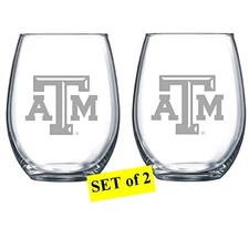 RFSJ Texas A & M Aggies Etched Satin Frost Logo Wine or Beverage Glass Set of 2