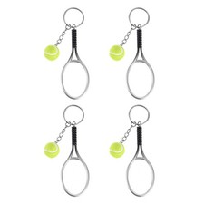 4Pcs Mini Tennis Racket with Ball Keychain Keyring Silver Tone