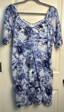 C Women’s Dress M Blue White Shift Dress Open Sleeves V-Neck Short Cottagecore