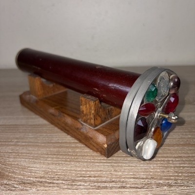 VINTAGE KALEIDOSCOPE BY CHESNIK & KOCH CRYSTALS MARBLES AGATE WOODEN TUBE/STAND