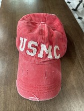 USMC Hat Red Baseball Cap Marine Corps Embroidered Adjustable Distressed Look