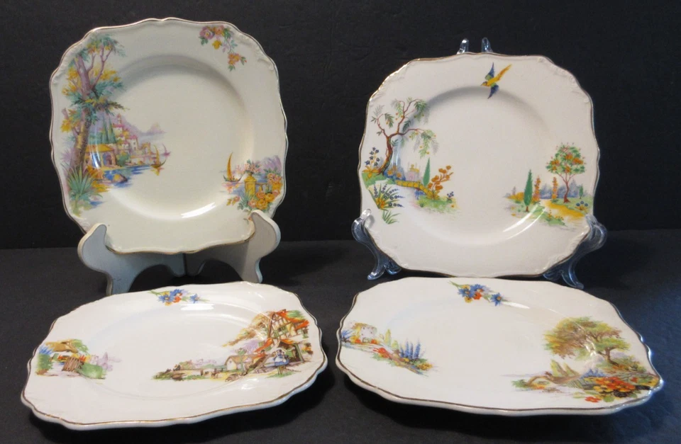Juego De 4 Platos Cuadrados De Colección Varias Escenas De Porcelana J&G Meakin 6.75" Inglaterra Foto 2 de 4
