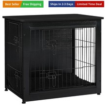 Dog Crate Furniture with Cushion, Wooden Kennel Table with Double Doors, Indo...