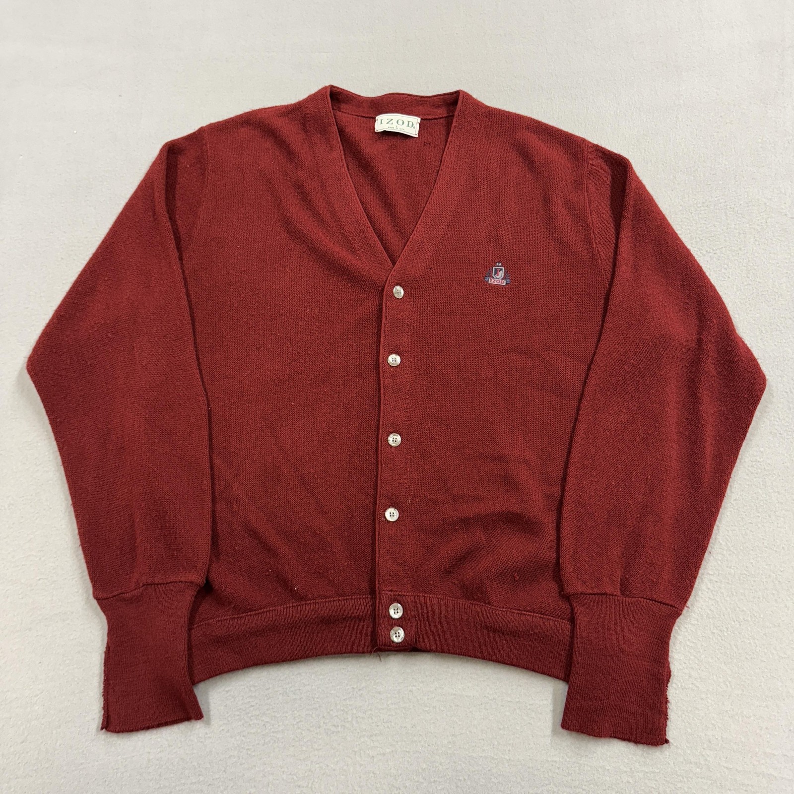 Vintage Izod Sweater Mens Large Red Button Front Cardigan Crest Logo USA 80s