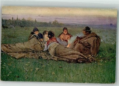 39905073 - Signed Uprka Shepherds by Campfire in Pasture Costume Czech Republic