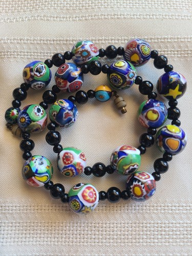 Colorful Vintage Antique VENETIAN MURANO MILLEFIORI Glass Bead Necklace 17"