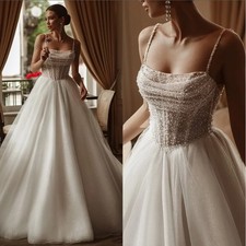 Luxury A-Line Wedding Dresses Spaghetti Strap Sleeveless Lace Beaded Bridal Gown