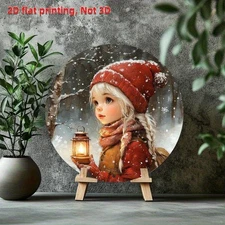 2D Flat,Vintage Winter Snowscape Round Aluminum Wall Art - 7.9x7.9 Inch Rustic R