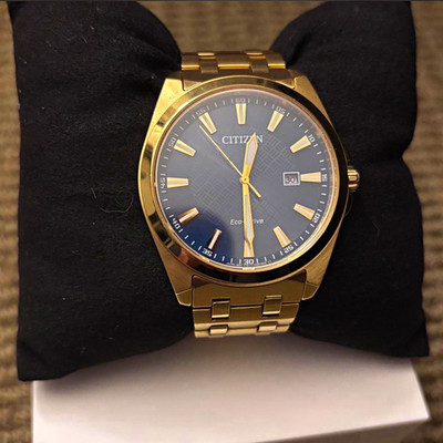 Citizen Eco-Drive Men's Blue Dial Gold Tone Stainless Bracelet Watch Date Box