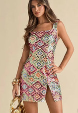 Women 1XL Sequin Mini Dress Square Neck Party Cocktail Gold Pink Green