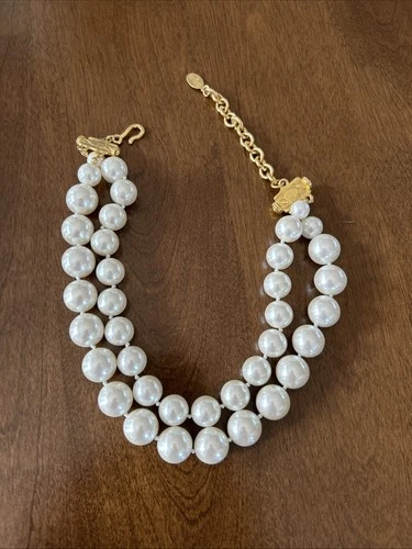 Vintage Carolee Double Strand Knotted Faux Pearl Gold Tone Necklace 16”