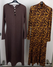 M&S 2Pcs Bundle Size 12 Brown Rib Crew Neck & Animal Print Maxi Dresses New