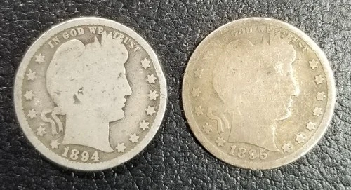 Lot of 2 Circulated 90% Silver Barber Quarters 1894 and 1895-Below Spot $ #406