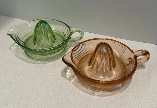 Pair of Depressions Glass Juicers;  Pink and Vaseline Green