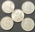 1960 - 1963 D  Franklin + 1964 D Kennedy Silver Half Dollars, 5 Coin Lot, F-106j