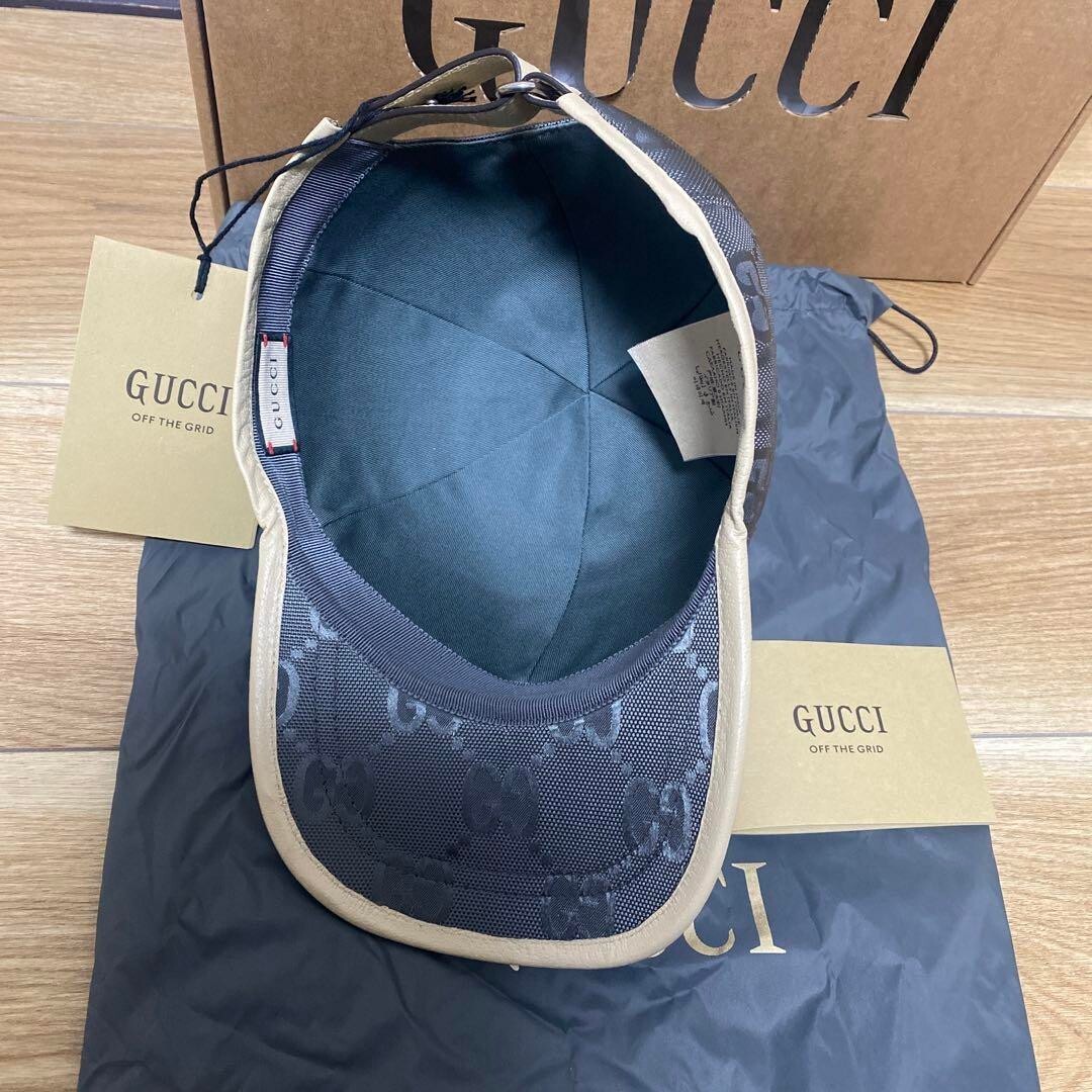 GUCCI Logo Leather Patch GG Monogram Baseball Cap Hat Men Size M