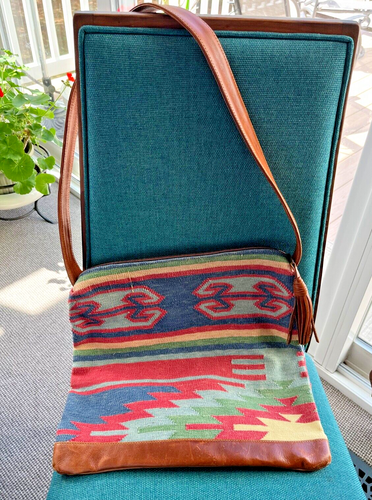KILIM Umhängetasche Handtasche mit Lederbesatz & Quaste MEHRFARBIG türkischer Teppich EUC - Bild 2 von 11