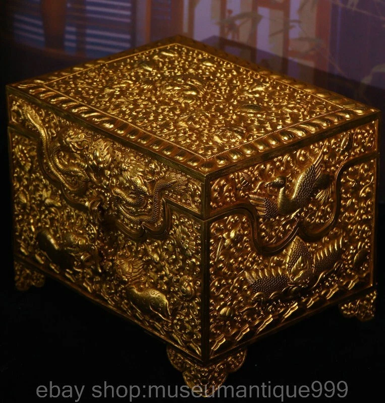 12.4" Old Tibet Bronze Inlay Silver Gilt Dynasty Dragon Jewelry Storage Box - Image 4 of 4