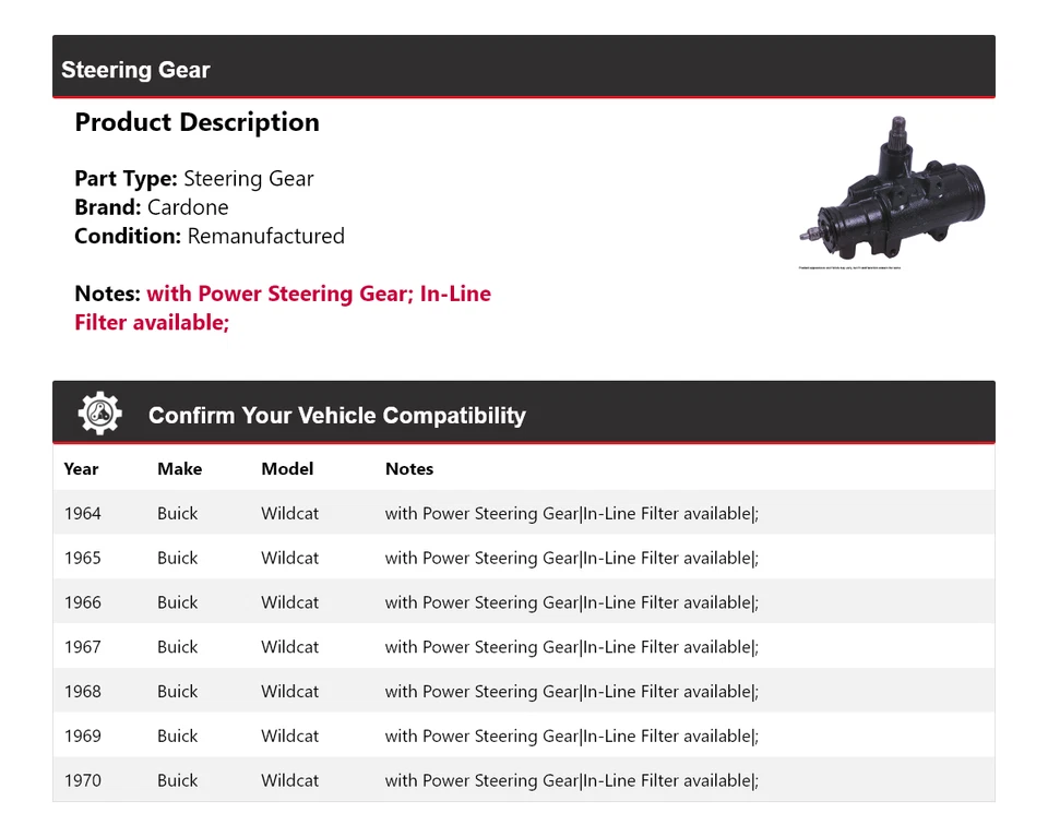 Para Buick Wildcat 1964-1970 engranaje de dirección Cardone 1965 1966 1967 1968 1969 Foto 2 de 4