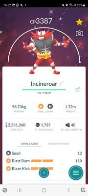 PVP BEAST!   SHINY LVL50 INCINEROAR + 2ND MOVE!   - PKMN GO! - NOT REGISTERED!