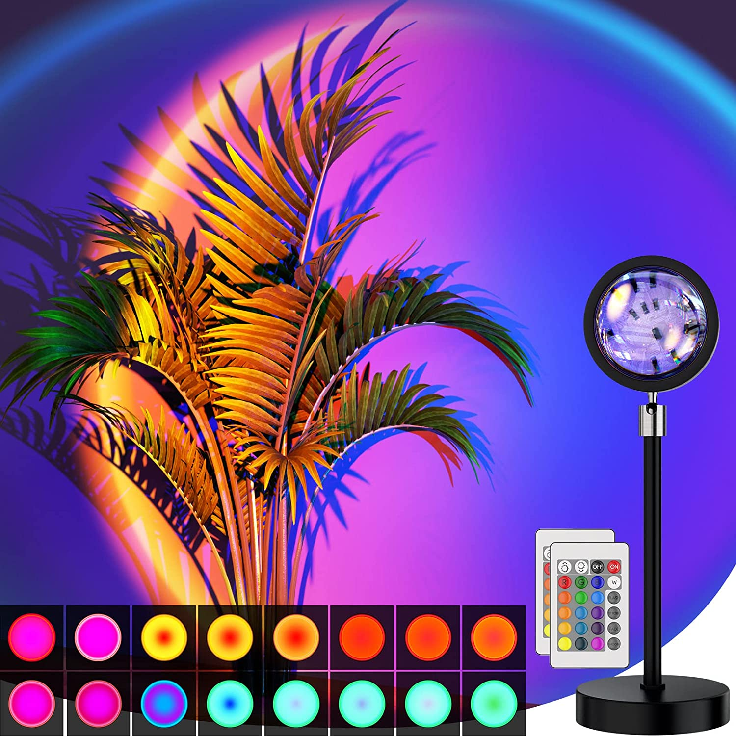 Sunset Lamp Projection Led Lights with Remote, 16 Colors Night Light 360° Rotati-image