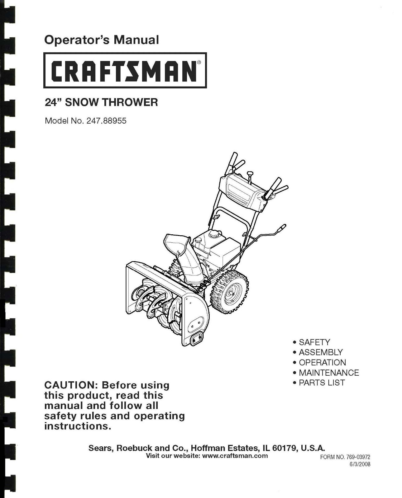 Craftsman Snow Thrower Operator's Manual Model No. 247.88955 | eBay
