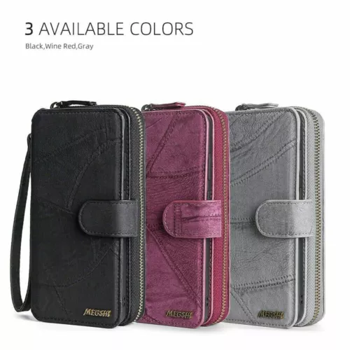 Luxury Leather Wallet Zip Coin Purse Card Flip Case For iPhone 16 Pro 15 14 13 - Picture 2 of 10