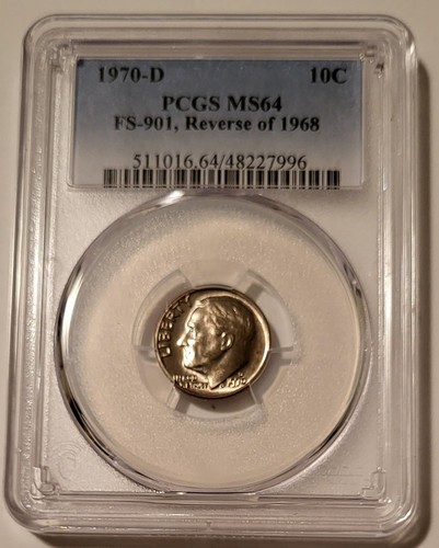 1970 D Roosevelt Dime Reverse of 1968 Variety FS-901 MS64 PCGS Toning