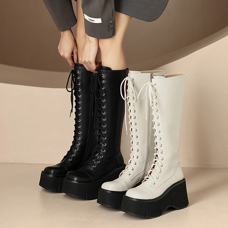 Women's Platform Wedge Knee High Fashion Leather Lace Up