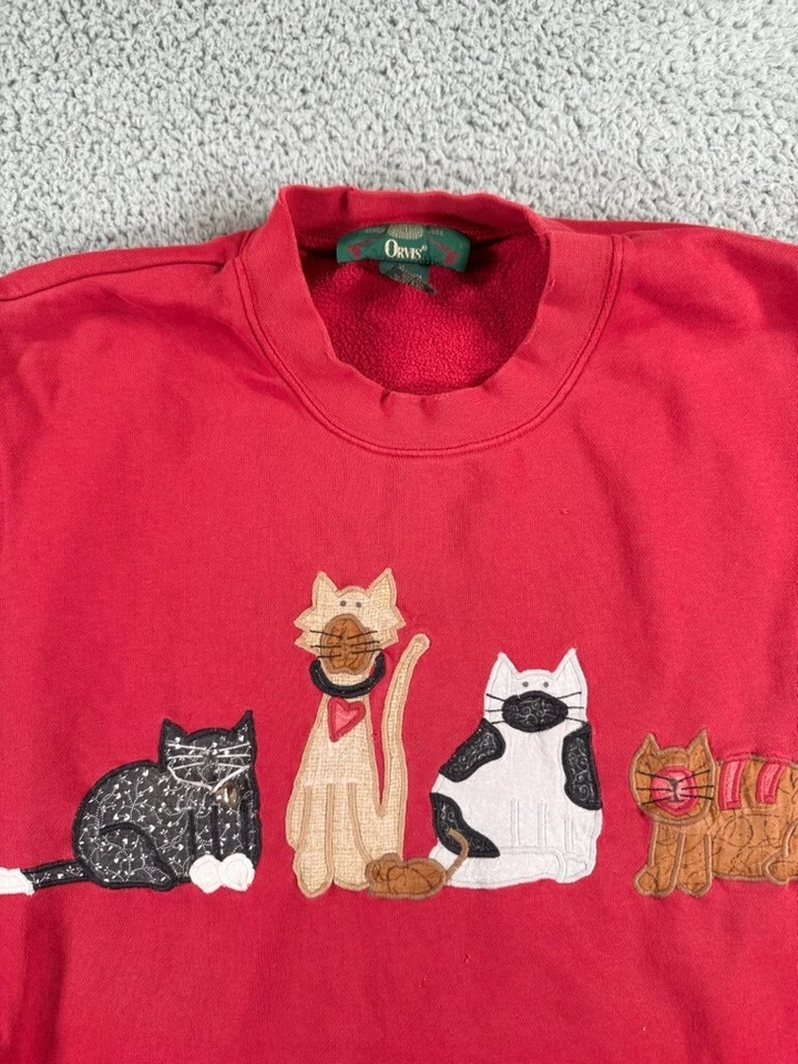 Винтажный Orvis толстовка женщин XL Cat красный вышитый пуловер США 90-х оранжевый - Изображение 3 из 4
