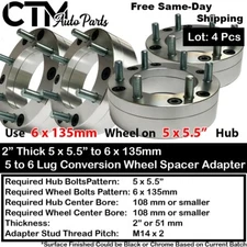 4x 2" 5x5.5" to 6x135mm Conversion Wheel Spacer Adapter Fit Old Ford Ram Jeep