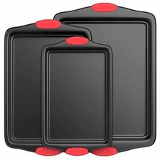 NutriChef NCSBS3S Baking Pans w/ Heat Red Silicone Handles, 3 Piece Set