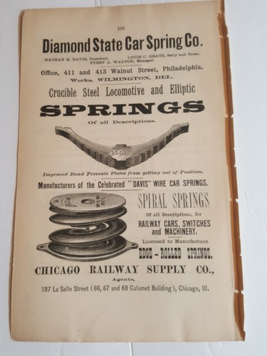 ☆1884 print ad DIAMOND STATE CAR SPRINGS Wilmington Delaware Railroad Railway