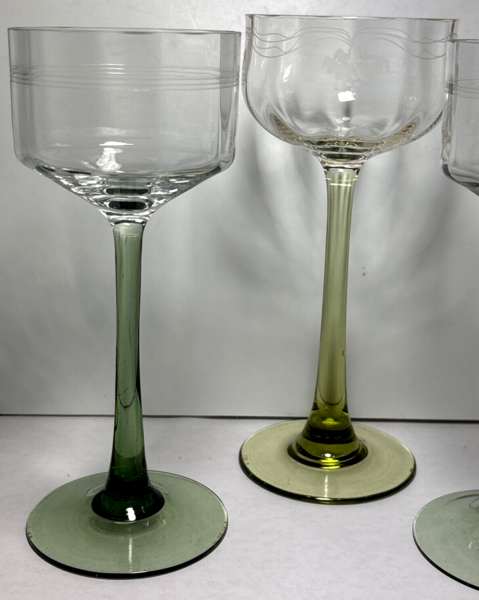 Antique Art Nouveau Clear Stripe Etched Olive Stem Hock Wine Glass 