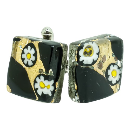 Murano Glas Manschettenknöpfe schwarz gold gelb Millefiori Paar eckig