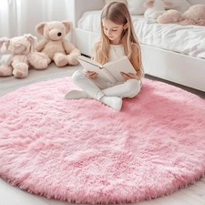 Pink Round Rugs - Machine Washable, 4X4' Circle Area Rugs, Fluffy Shaggy Carpe