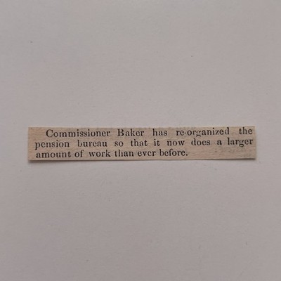 Commissioner Baker Re-Organized Pension 1871 Worcester MA Clipping TAJ8-S76