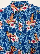 Vintage Hula Pin-Up Hawaiian Shirt Men Medium Floral Blue Luau Tiki Aloha Rayon