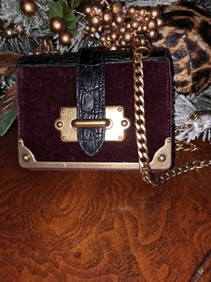 PRADA Cahier Crossbody Micro Black/Bungundy Velvet and Crocs Embossed Leather