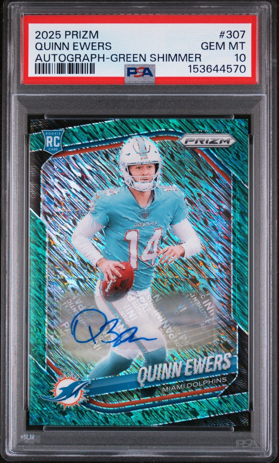 2025 Panini Prizm Quinn Ewers Rookie Auto Green Shimmer 5/5 PSA 10 #307 RC