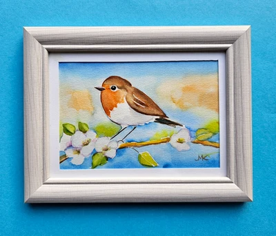 Rotkehlchen m. Blüten Original Aquarell Handgemalt Heimische Vögel - Bild 1 von 2
