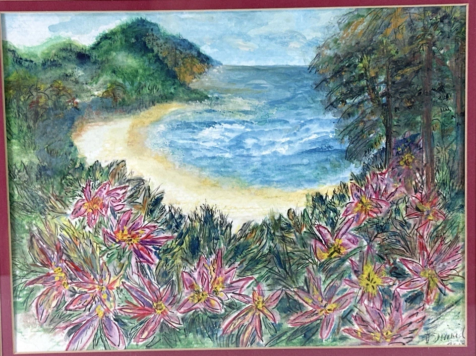 Paisaje marino costero floral acuarela original - enmarcado, firmado, paisaje de playa Foto 2 de 4