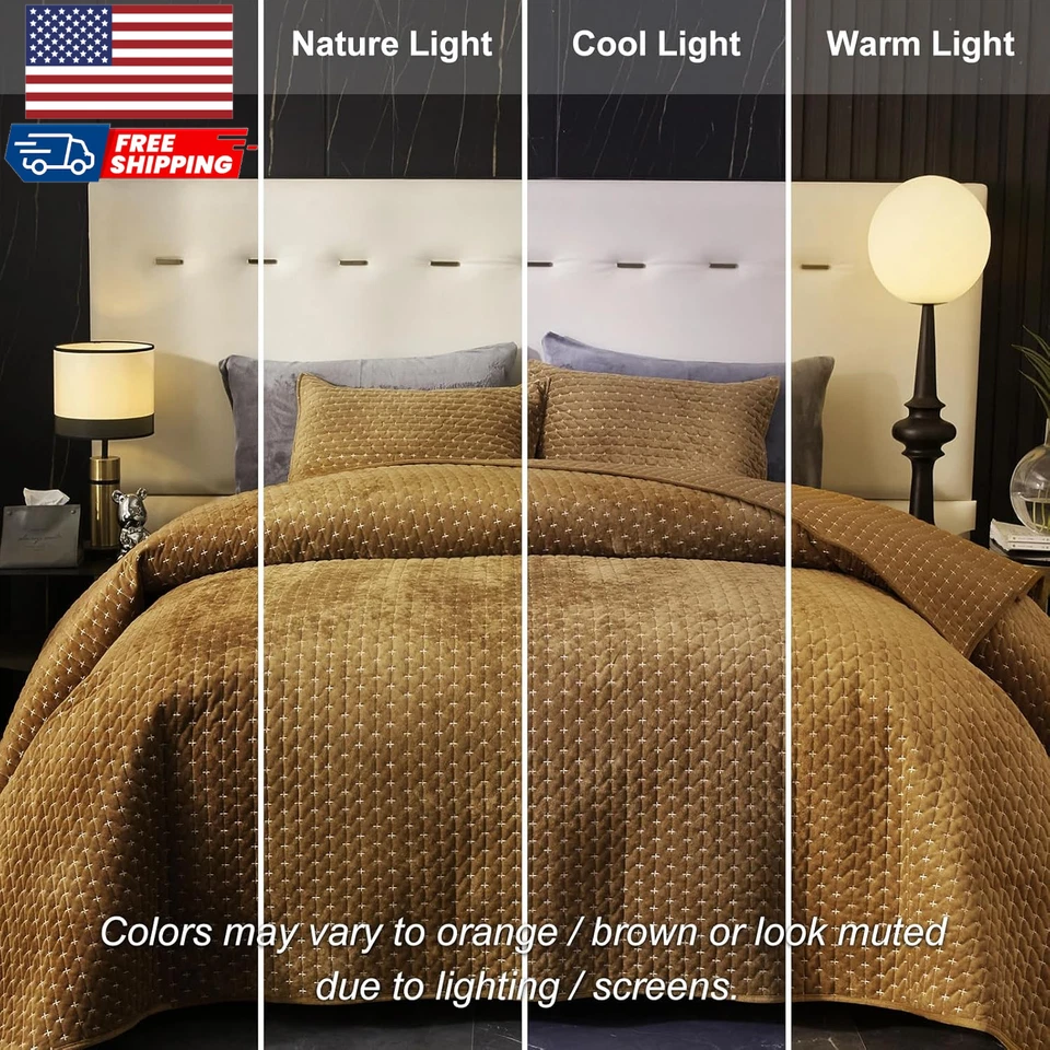 Velvet Quilt Queen Oversized Bedspread Quilted Bedding Set Luxurious Soft Cover - Image 4 of 4