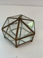 vintage brass etched floral glass footed Jewelry Box with mirrored bottom